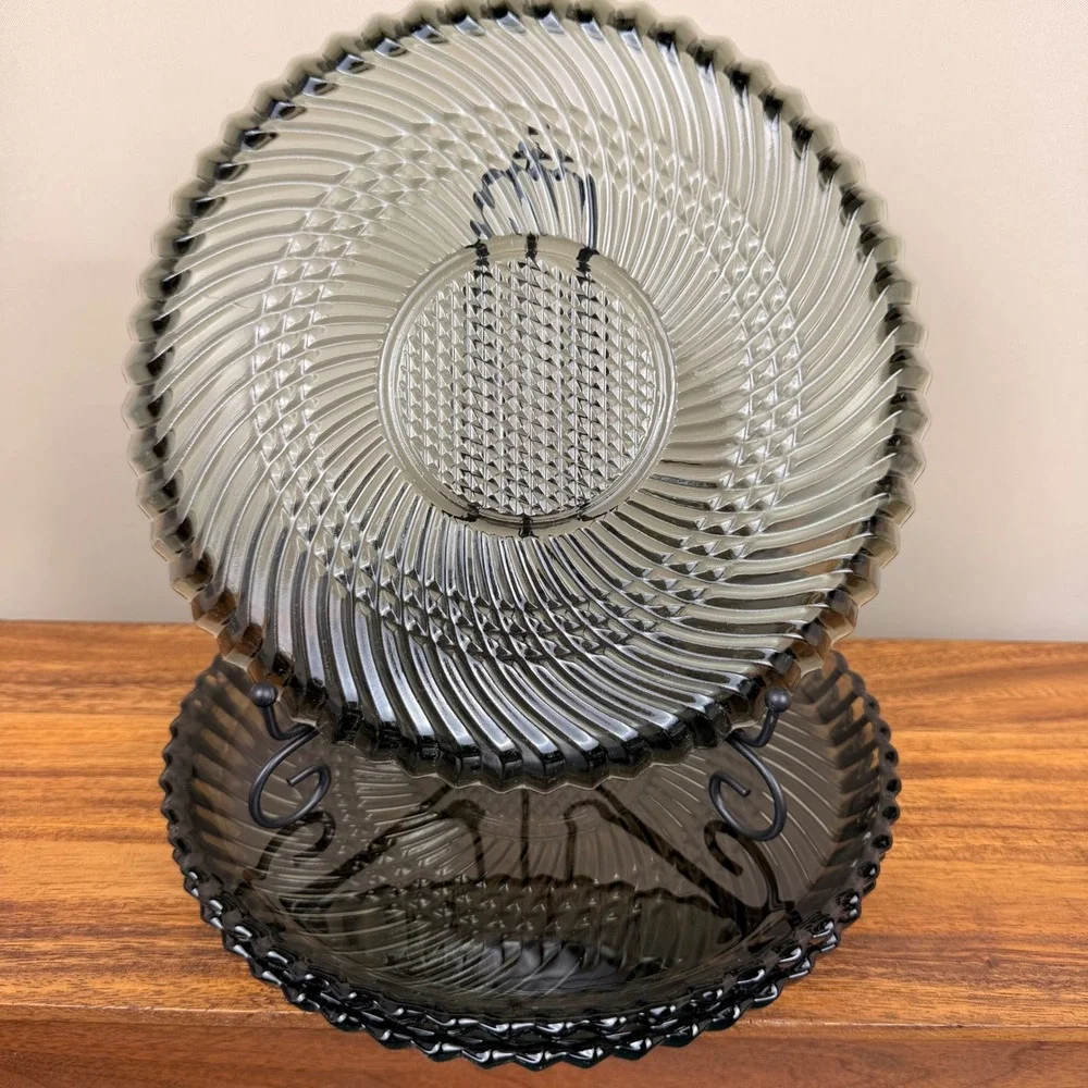 Libbey Black Swirl Glass Dinner Plates Smoke Gray Scalloped Rim Set of 3
